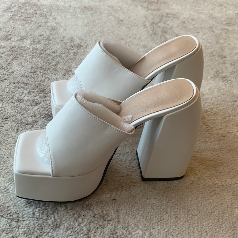 White chunky square heels